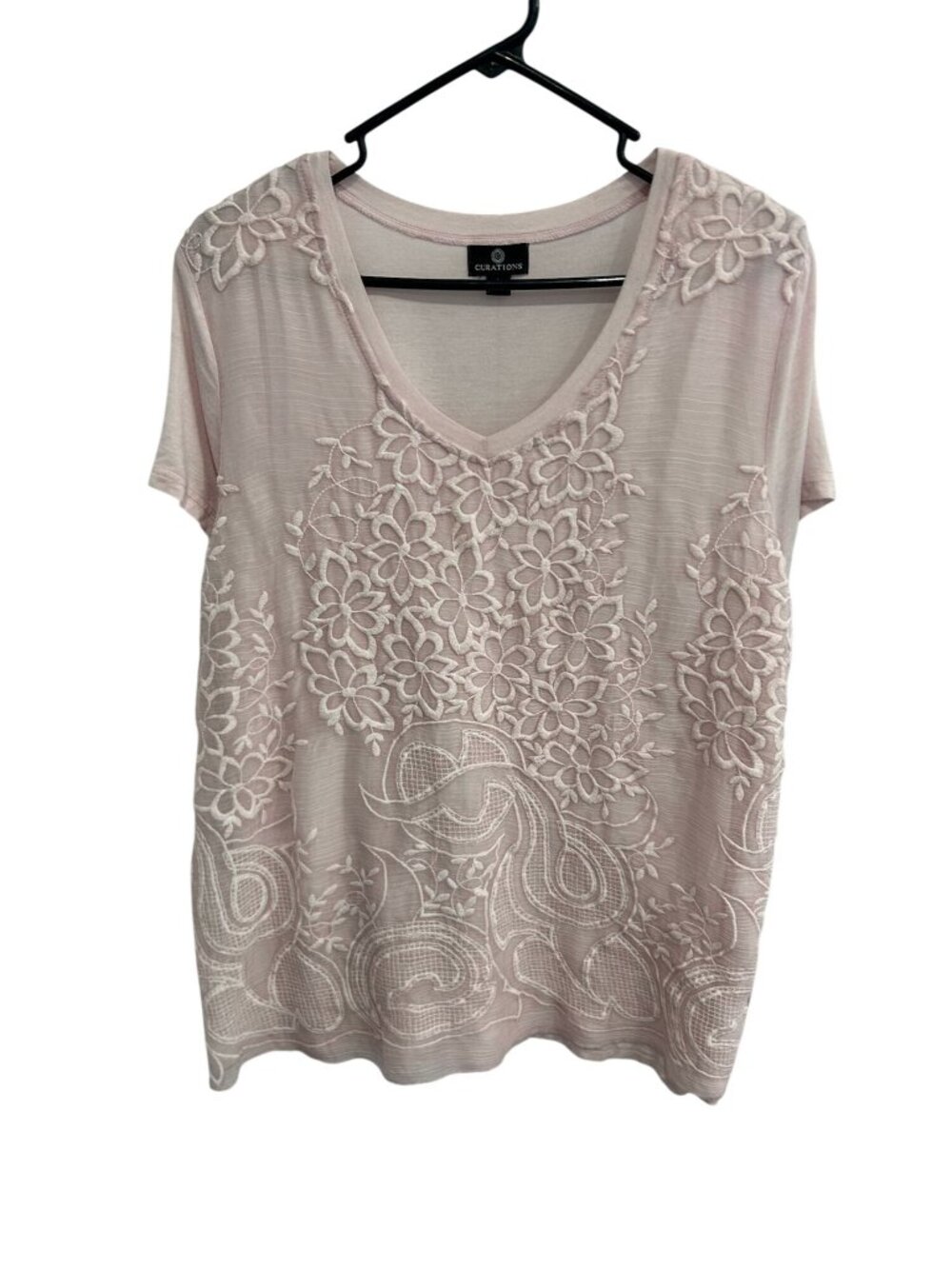 Curations Large Pink Embroidered Floral Short Sleeve V-Neck Top Boho Cottagecore